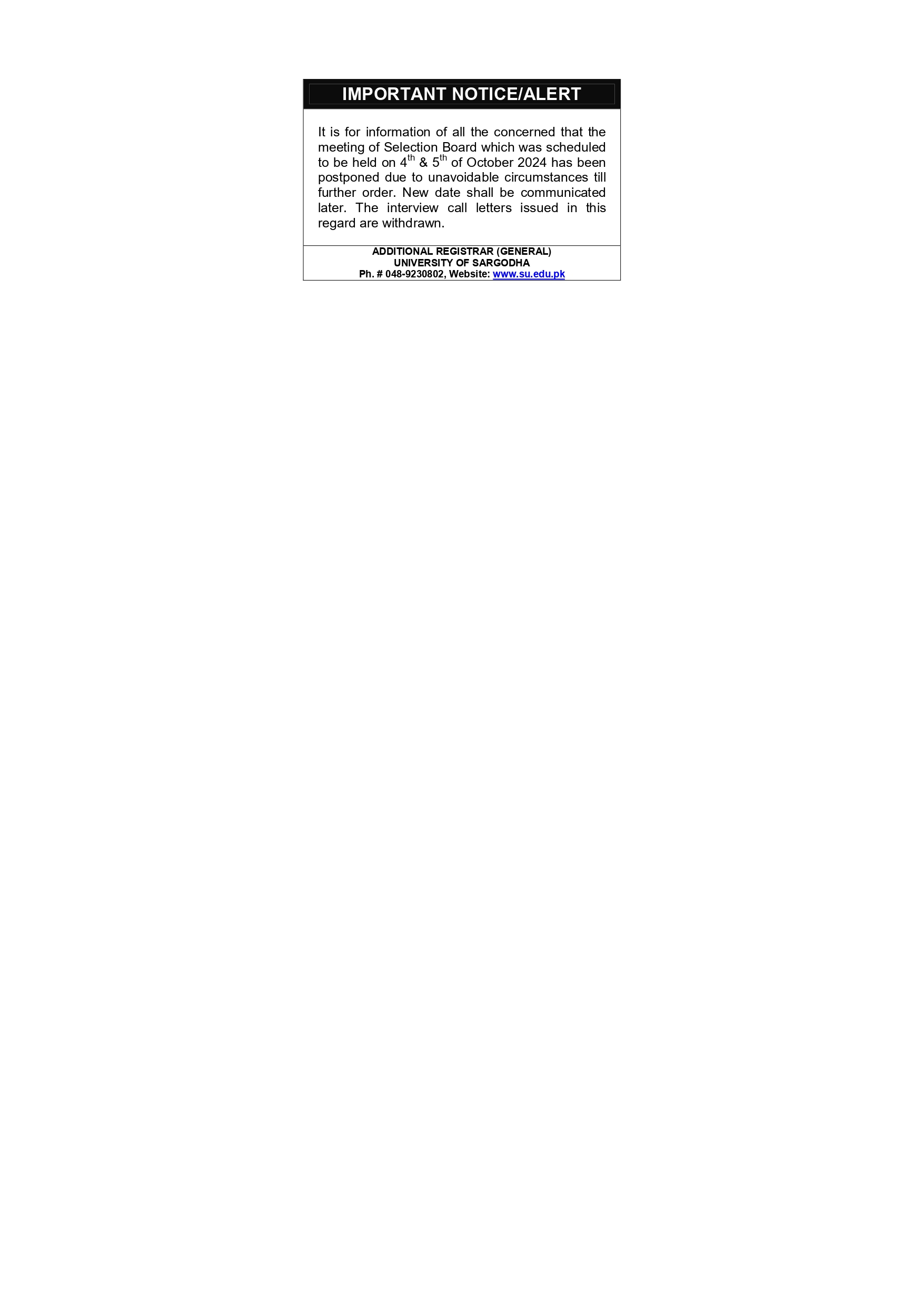 Postponement of meeting of Selection Board